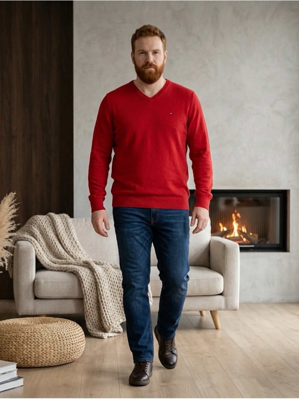 Tommy Hilfiger Red V-Neck Sweater XXL ~ 100% Cotton Knit Men's Pullover ~ NWOT